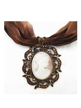 BROWN Satin Cameo Crystal Brass Pendant-Necklace